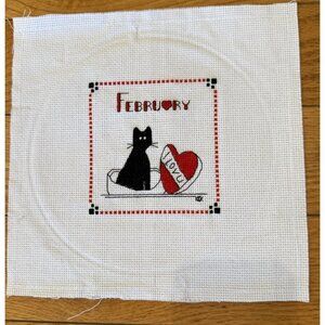Handmade Counted Cross Stitch February Cat 9”x 9” 4” x 4”